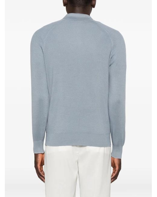 Brunello Cucinelli Blue Ribbed Long-Sleeve Polo Shirt for men