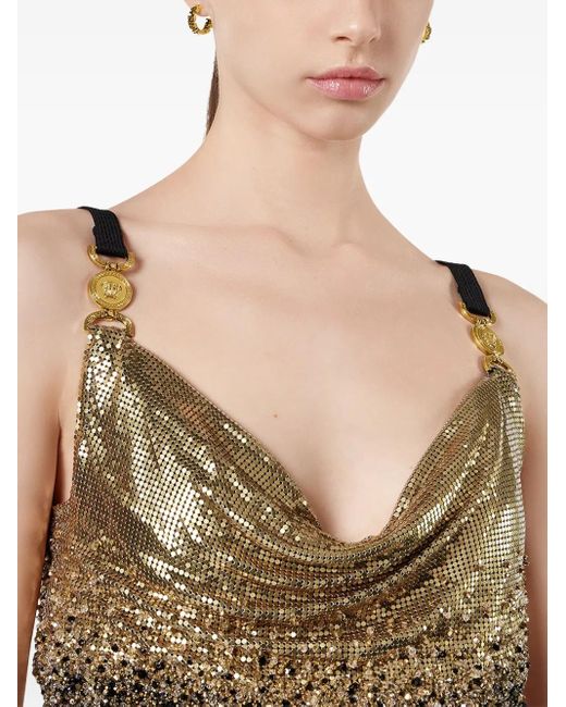 Versace Black Crystal Metal Mesh Satin Mini Slip Dress