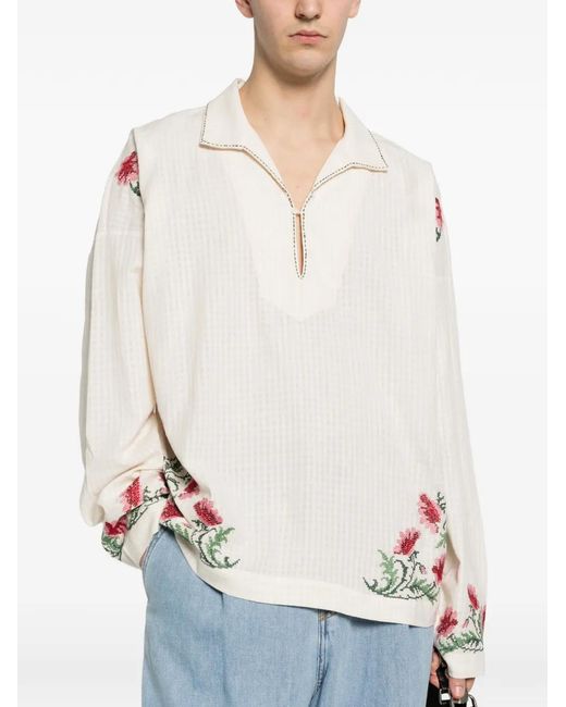 BAZISZT White Bernie Floral-Embroidered Polo Shirt for men