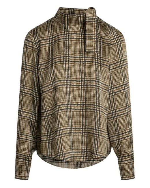 Patou Green Plaid-Pattern Scarf-Detail Blouse