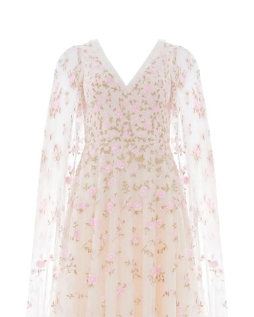 Needle & Thread White Lea Ditsy Floral-Embroidered Cape-Sleeve Maxi Dress