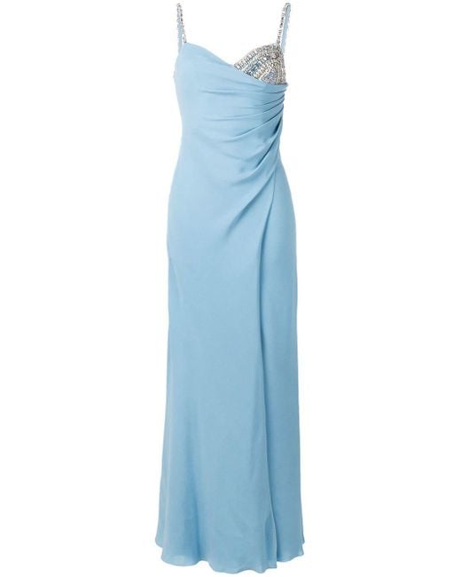 Versace Blue Crystal Embellished Draped Gown
