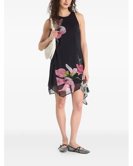 Desigual Black Robe Courte Fleurie À Coupe Asymétrique