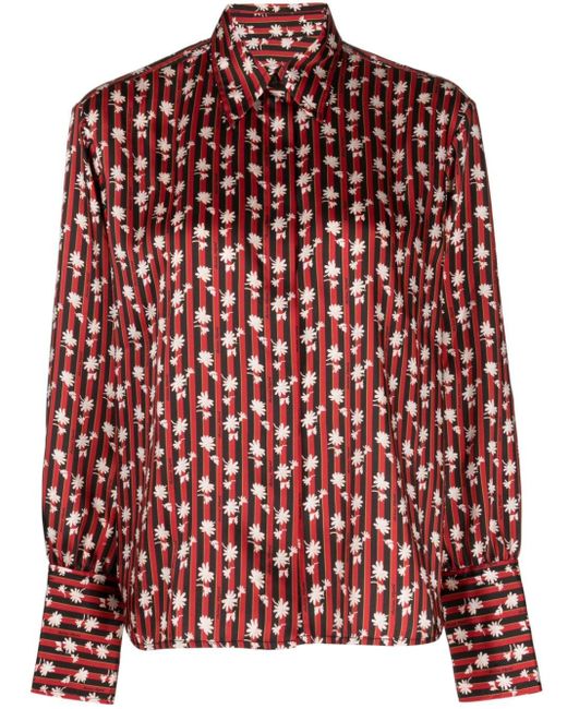 Maison Kitsuné Red Floral Stripes-print Long-sleeve Shirt