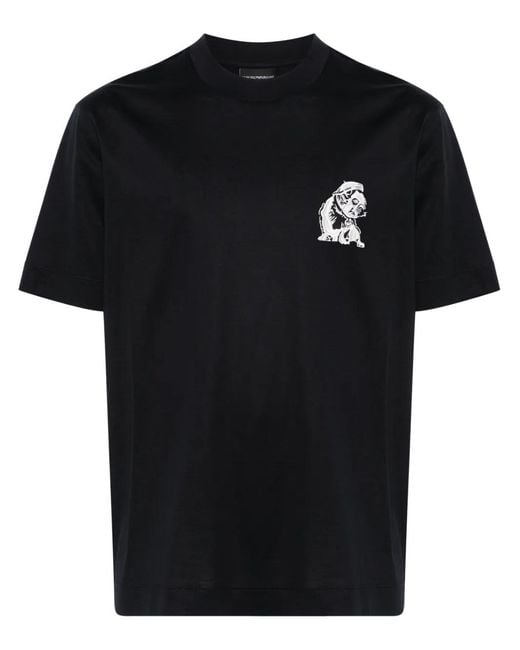 Emporio Armani Black French Bulldog-Embroidered T-Shirt for men