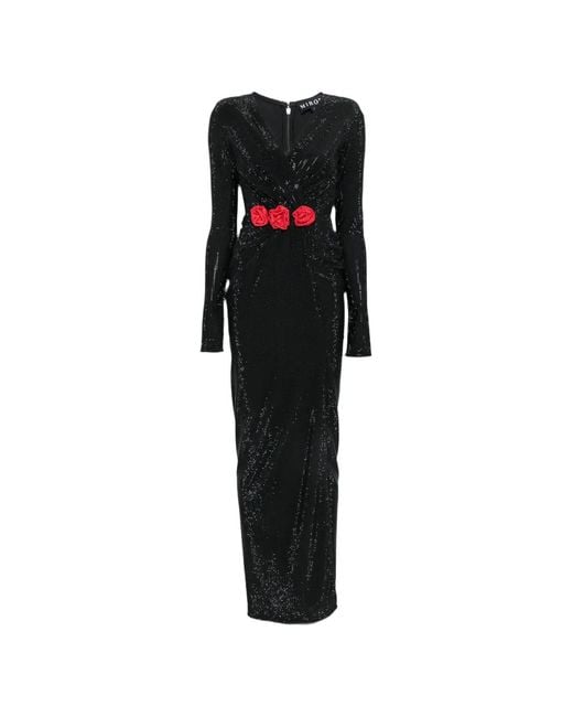 Miron Black V-Neck Floral-Detail Maxi Dress