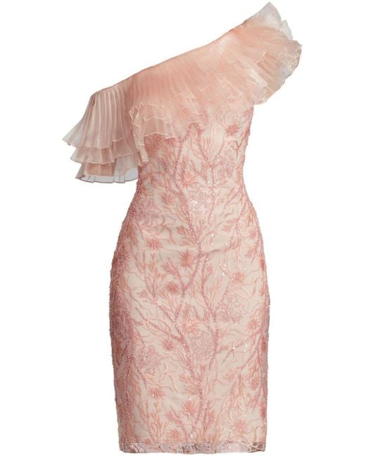Tadashi Shoji Pink One Shoulder Frilled Collar Dress
