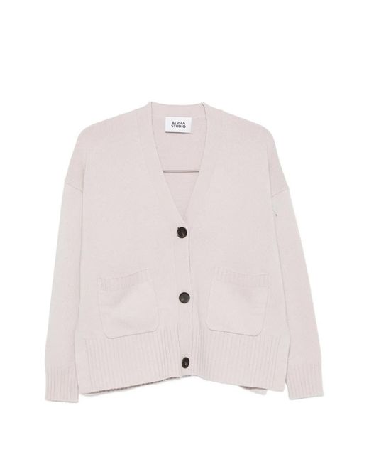 Alpha Studio White Patch-Pocket V-Neck Cardigan