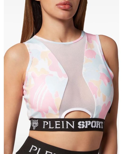 Philipp Plein White Camouflage-Print Panelled Cropped Top