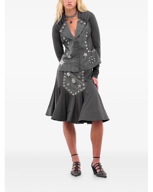 Chopova Lowena Black Tartan-Panelled Ruffled Midi Skirt