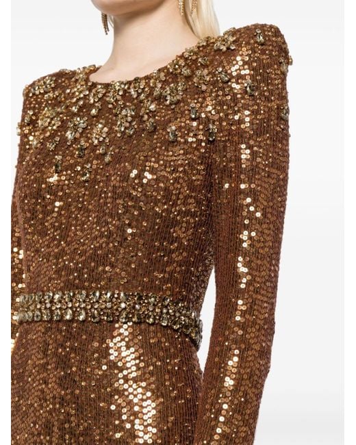 Jenny Packham Brown Georgia Sequined Long-sleeve Gown