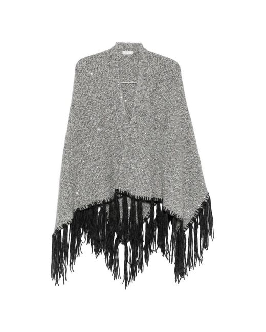 Peserico Gray Sequin-Embellished Fringed Poncho
