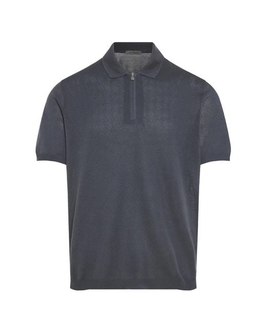 Corneliani Blue Textured Half-Zip Polo Shirt for men