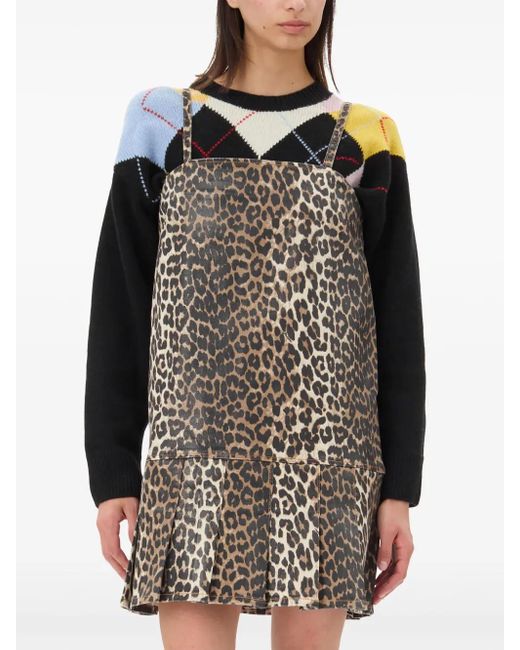 Ganni Natural Leopard-Print Pleated Mini Dress