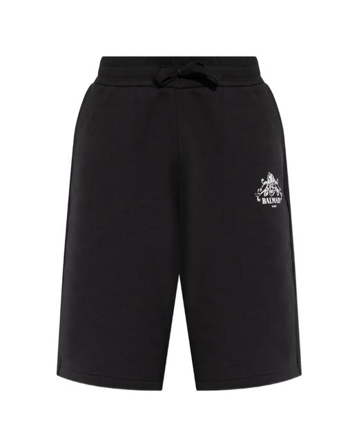 Balmain Black Logo-Print Drawstring Shorts for men
