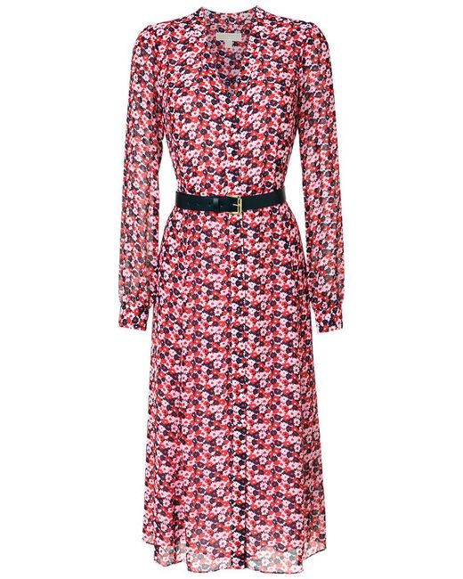 MICHAEL Michael Kors Floral-print Belted Midi Shirt Dress in Red | Lyst