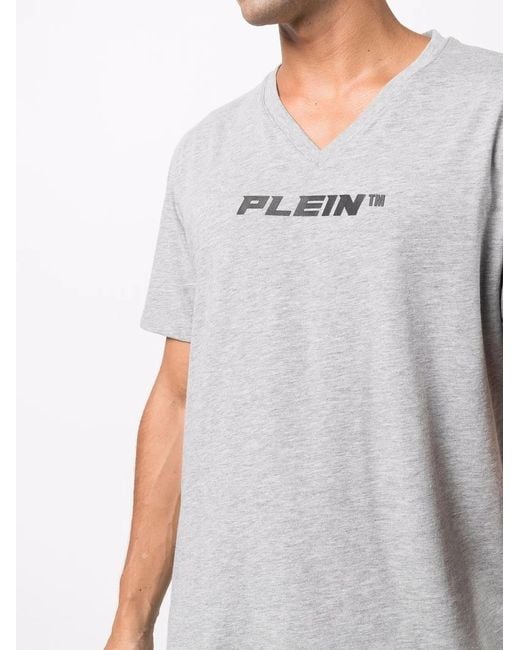 Philipp Plein Gray V-Neck Logo-Print T-Shirt for men
