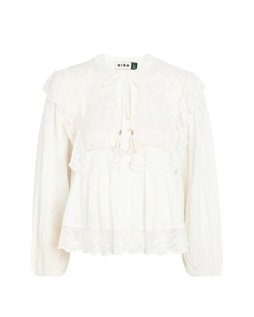 Rixo White Lilly Embroidered Ruffled Blouse