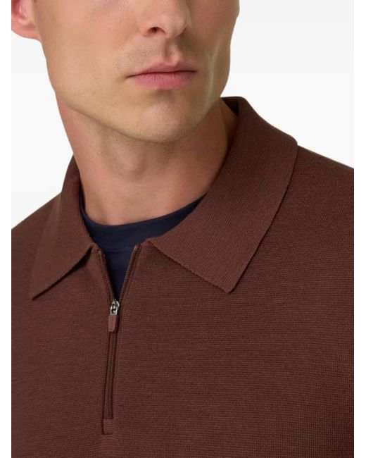 Boggi Brown Knitted Polo Shirt Quarter-Zip Wool Blend Wooltech for men