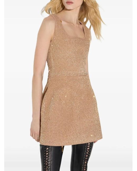 Elisabetta Franchi Natural Knit Mini Dress With Sequins
