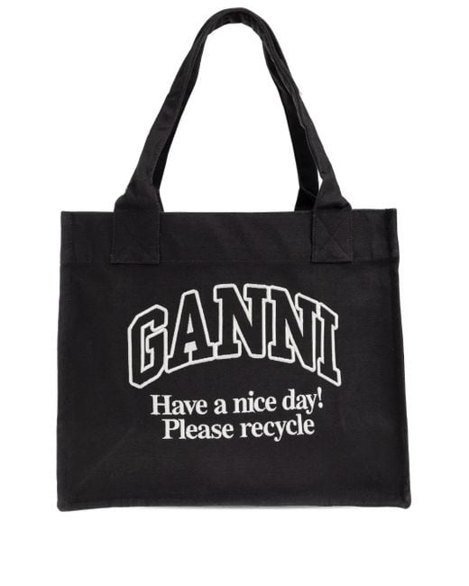 Ganni Black Recycled Cotton Large Tote Bag