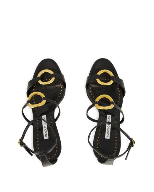 Manolo Blahnik Black 90Mm Leather Ankle-Strap Ring Sandals