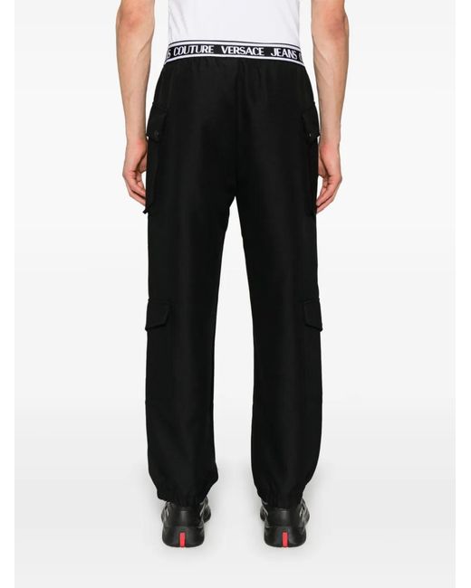 Versace Jeans Couture Black Logo-Waistband Cotton Cargo Trousers for men