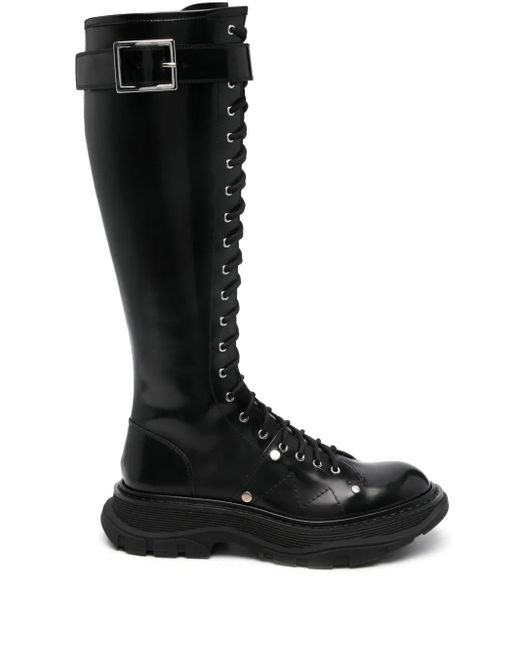 McQueen Black Women Tread High Knee Lace Up Boots