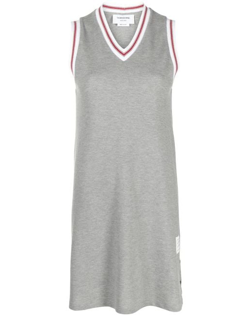 Thom Browne Gray Classic Pique Stripe V-Neck Tennis Dress, Brand Size 36 (Us Size 0)