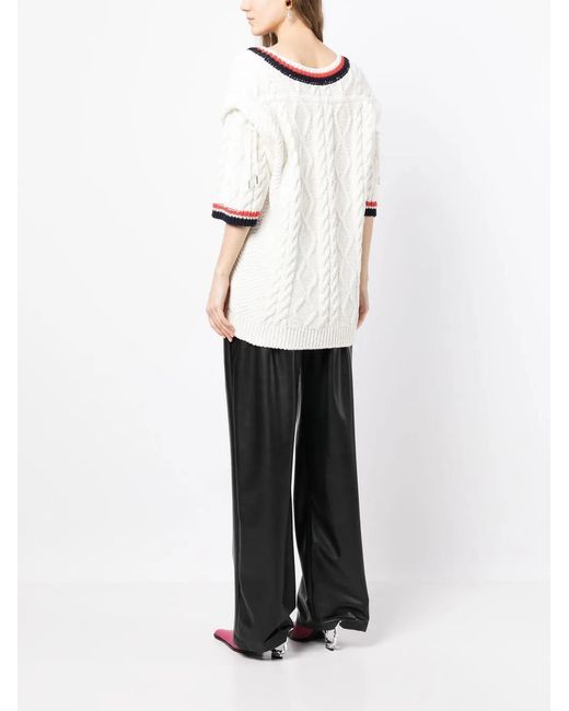 Pushbutton White Three-Quarter Sleeve Cable-Knit Top