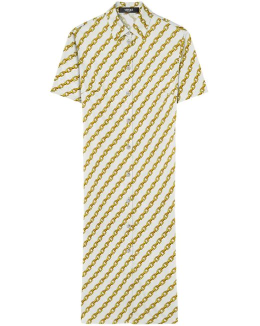 Versace Metallic Chain Stripes Midi Shirt Dress