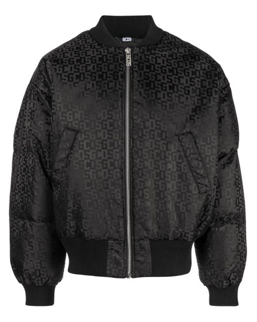 Gcds Black Zip-up Bomber Jacket With Monogram Motif