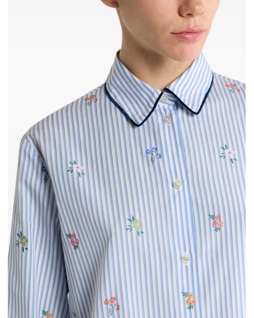 Etro Blue Striped Cotton Jacquard Shirt With Trim And Fil Coupé Flower Motif