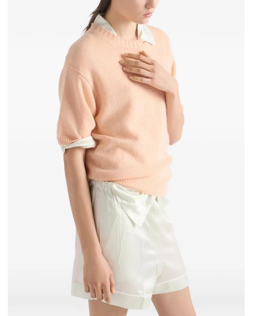 Prada Natural Short-Sleeve Crew-Neck Sweater