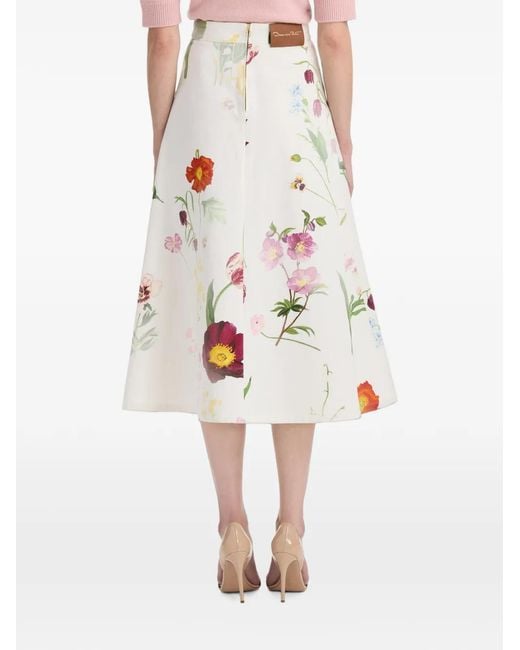 Oscar de la Renta White Botanical-Print Denim Skirt