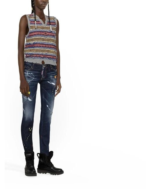 DSquared² Blue Low-Rise Embroidered Skinny Jeans