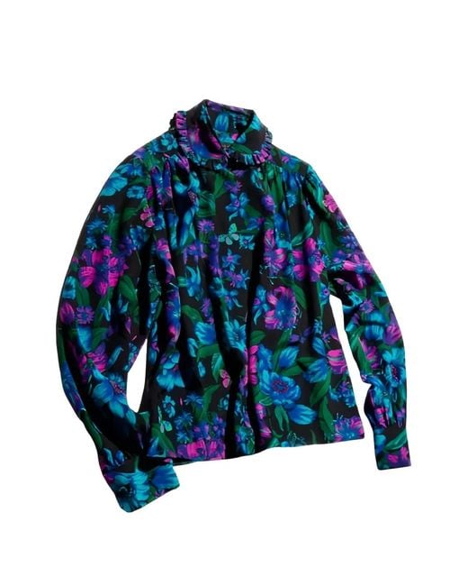 Gucci Blue Floral-Print Ruffled Shirt