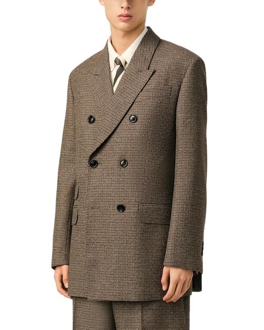 AMI Brown Double-Breasted Houndstooth Wool Blazer for men