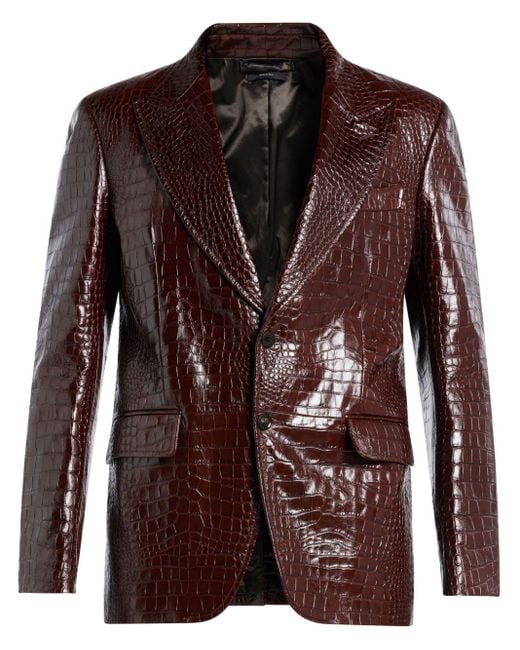 Tom Ford Brown Crocodile-Embossed Leather Blazer for men