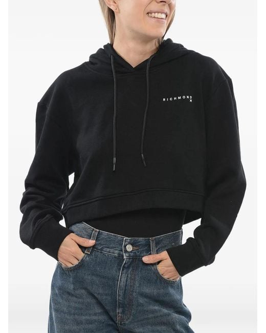 John Richmond Black Logo-Print Cropped Hoodie