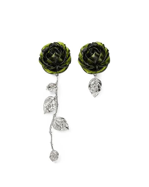 Magda Butrym Green Asymmetric Rose-Pendant Earrings