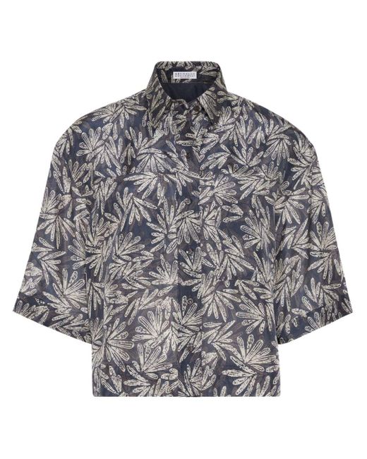 Brunello Cucinelli Gray Leaf-print Silk Shirt