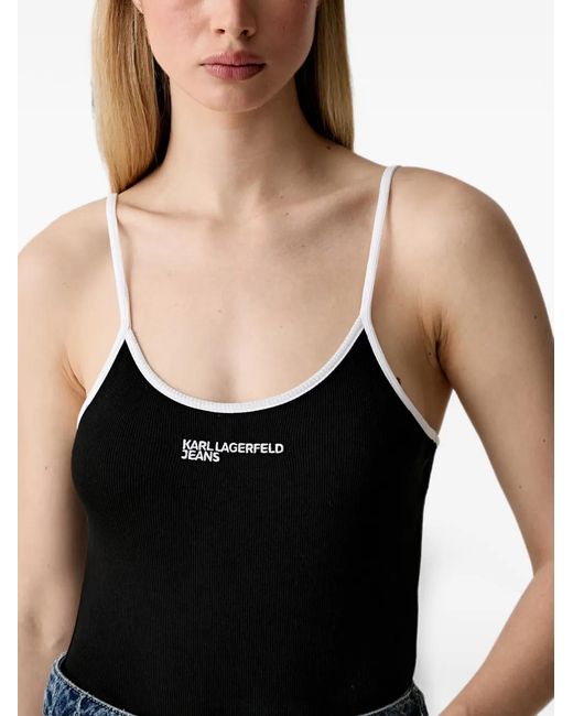 Karl Lagerfeld Black Ribbed-Knit Logo-Print Bodysuit