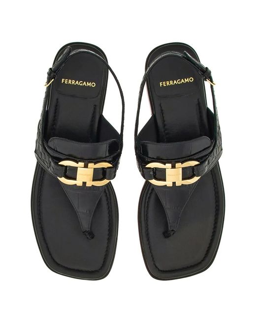 Ferragamo Black Gancini Leather Thong Sandals