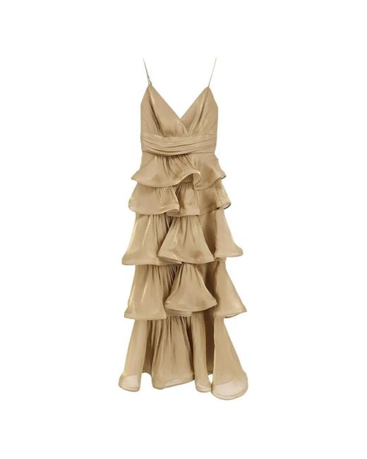 ACTUALEE Metallic Ruffled Tiered Maxi Dress