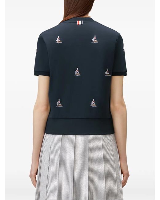 Thom Browne Blue Sailboat-Embroidered Milano-Rib T-Shirt