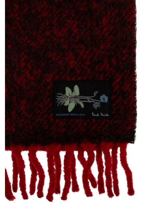 Paul Smith Red Fringe-Trim Logo-Patch Scarf