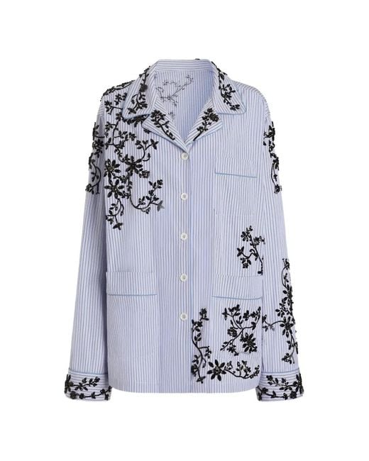 Dolce & Gabbana Blue Cotton Vanity Shirt With Flowers Embroidery