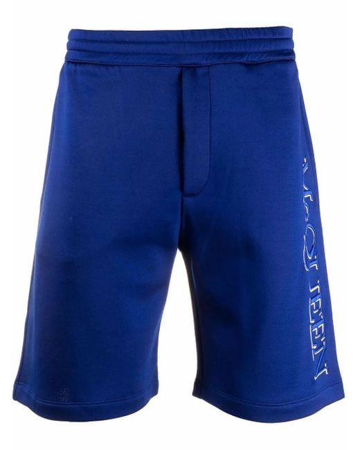 McQueen Blue Logo-Embroidered Track Shorts for men
