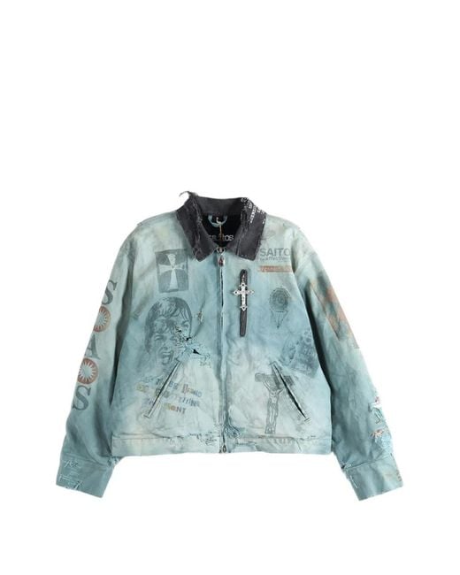 SAITOS Blue Distressed Graphic-Print Work Jacket for men